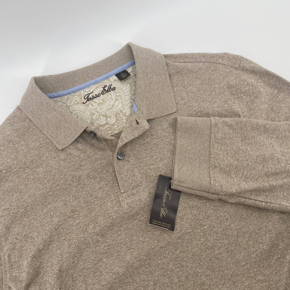 Tasso Elba Mens Long Sleeve Polo Shirt Tan Heather Paisley Trim 100% Cotton L